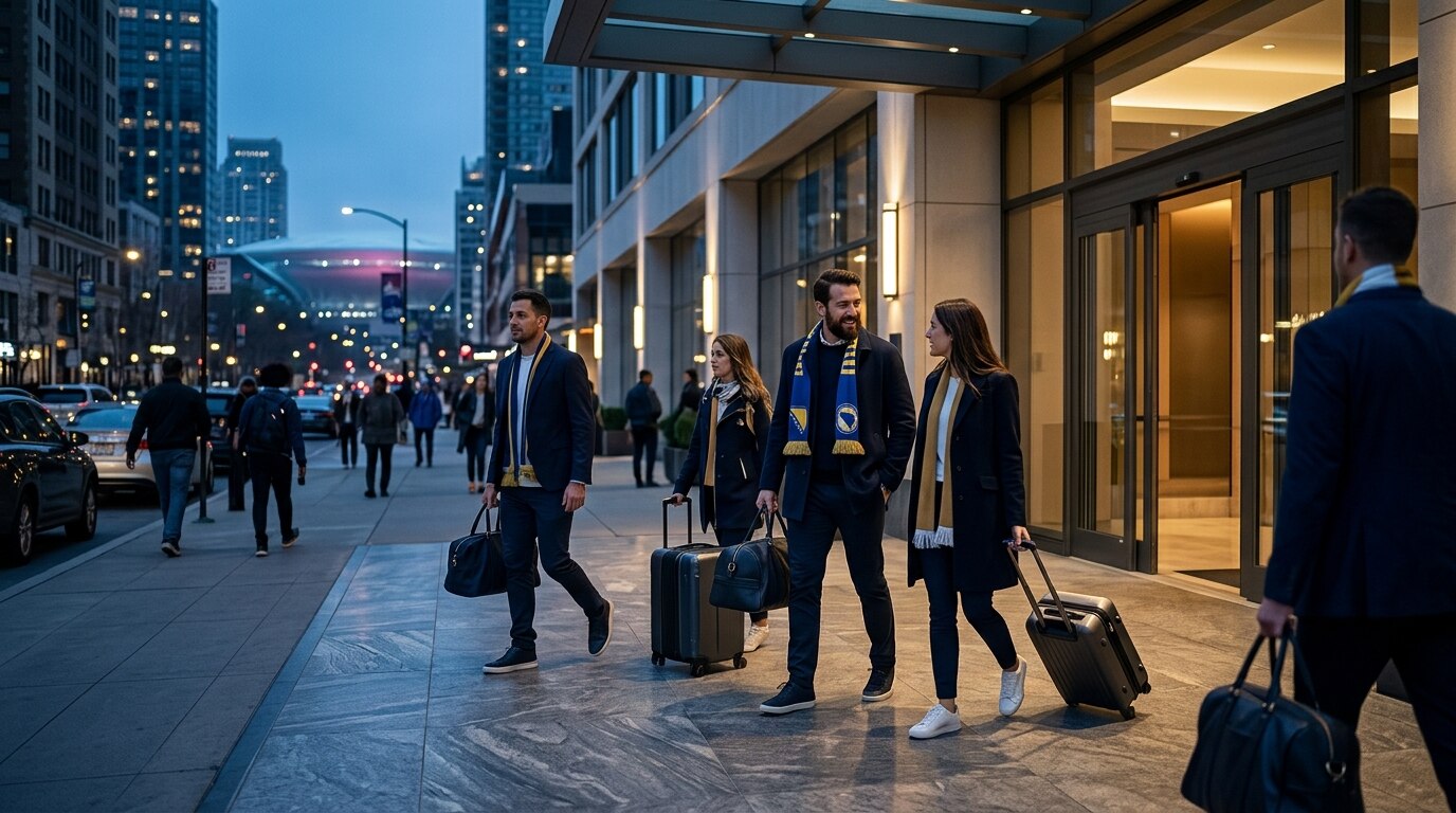 Bosnia and Herzegovina supporter travel illustration with hotel, city, and matchday themes for the World Cup 2026 USA guide.