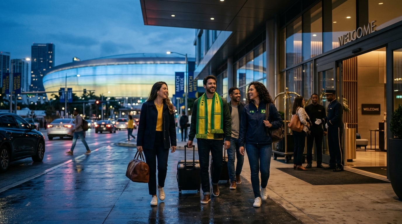 Brazil supporter travel illustration with hotel, city, and matchday themes for the World Cup 2026 USA guide.