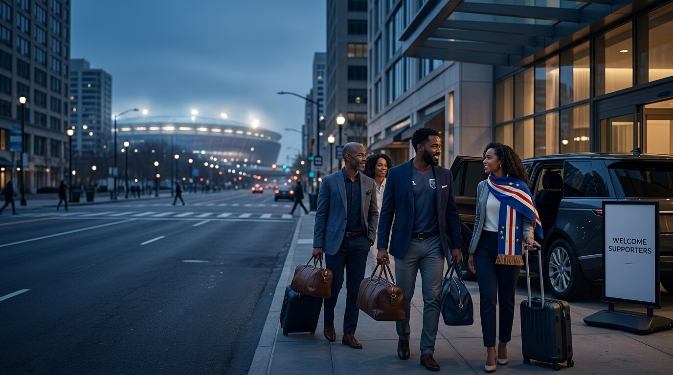 Cabo Verde supporter travel illustration with hotel, city, and matchday themes for the World Cup 2026 USA guide.