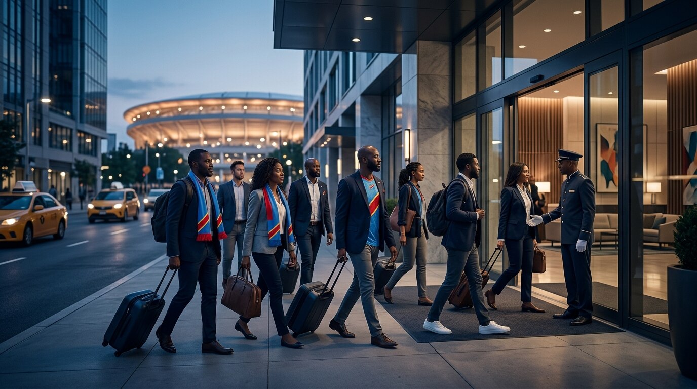 DR Congo supporter travel illustration with hotel, city, and matchday themes for the World Cup 2026 USA guide.