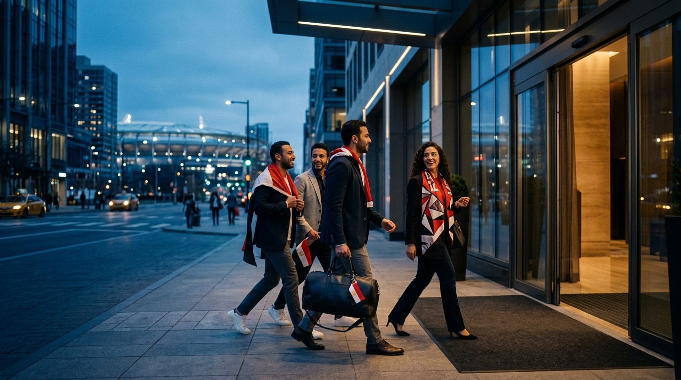 Egypt supporter travel illustration with hotel, city, and matchday themes for the World Cup 2026 USA guide.