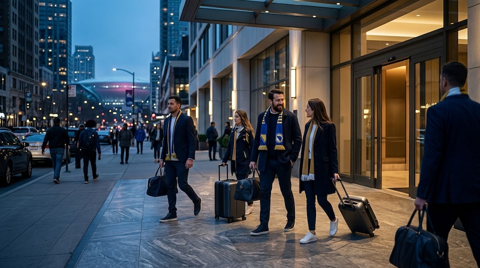 Bosnia and Herzegovina supporter travel illustration with hotel, city, and matchday themes for the World Cup 2026 USA guide.