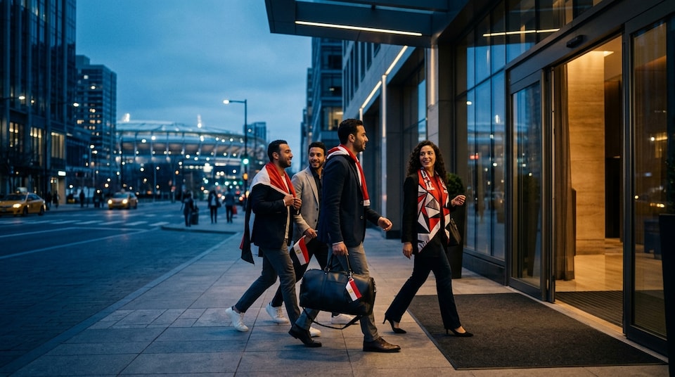 Egypt supporter travel illustration with hotel, city, and matchday themes for the World Cup 2026 USA guide.