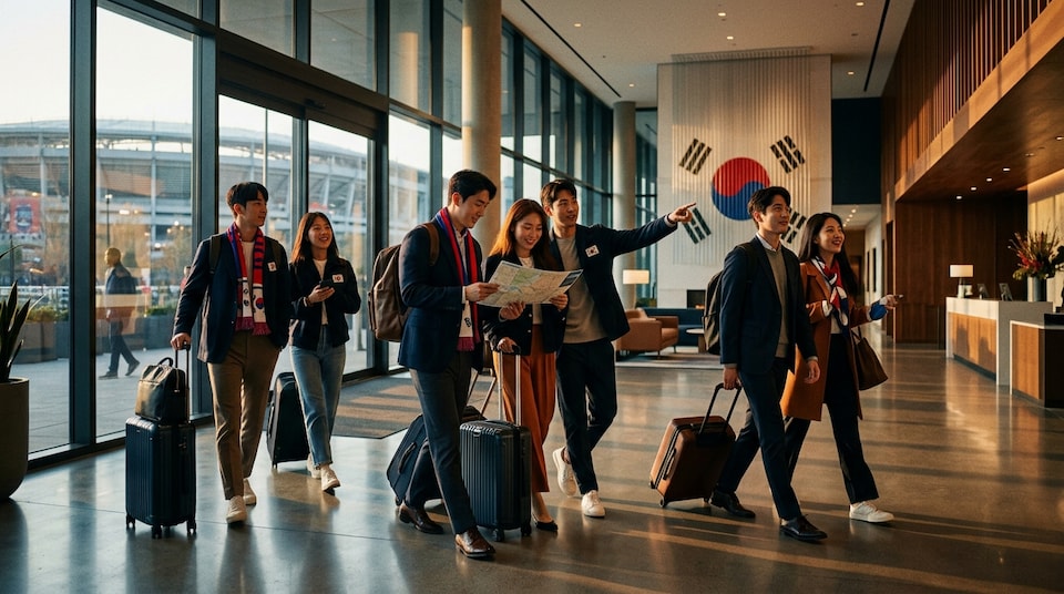 South Korea supporter travel illustration with hotel, city, and matchday themes for the World Cup 2026 USA guide.