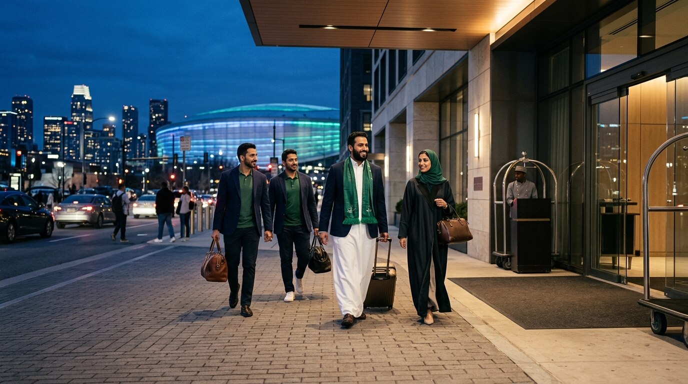Saudi Arabia supporter travel illustration with hotel, city, and matchday themes for the World Cup 2026 USA guide.