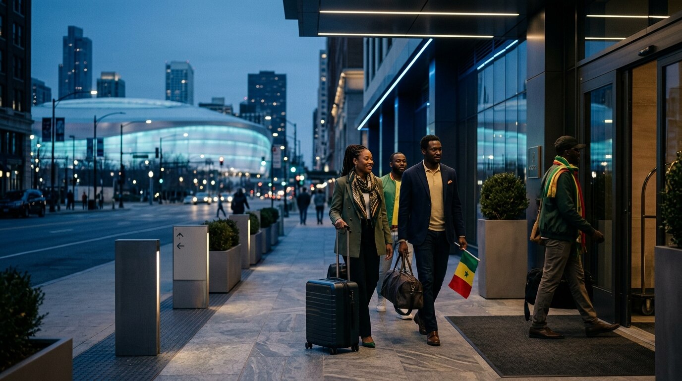 Senegal supporter travel illustration with hotel, city, and matchday themes for the World Cup 2026 USA guide.