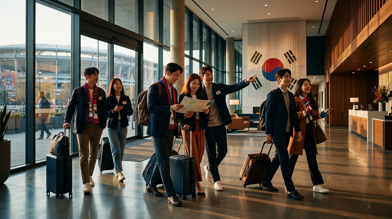 South Korea supporter travel illustration with hotel, city, and matchday themes for the World Cup 2026 USA guide.